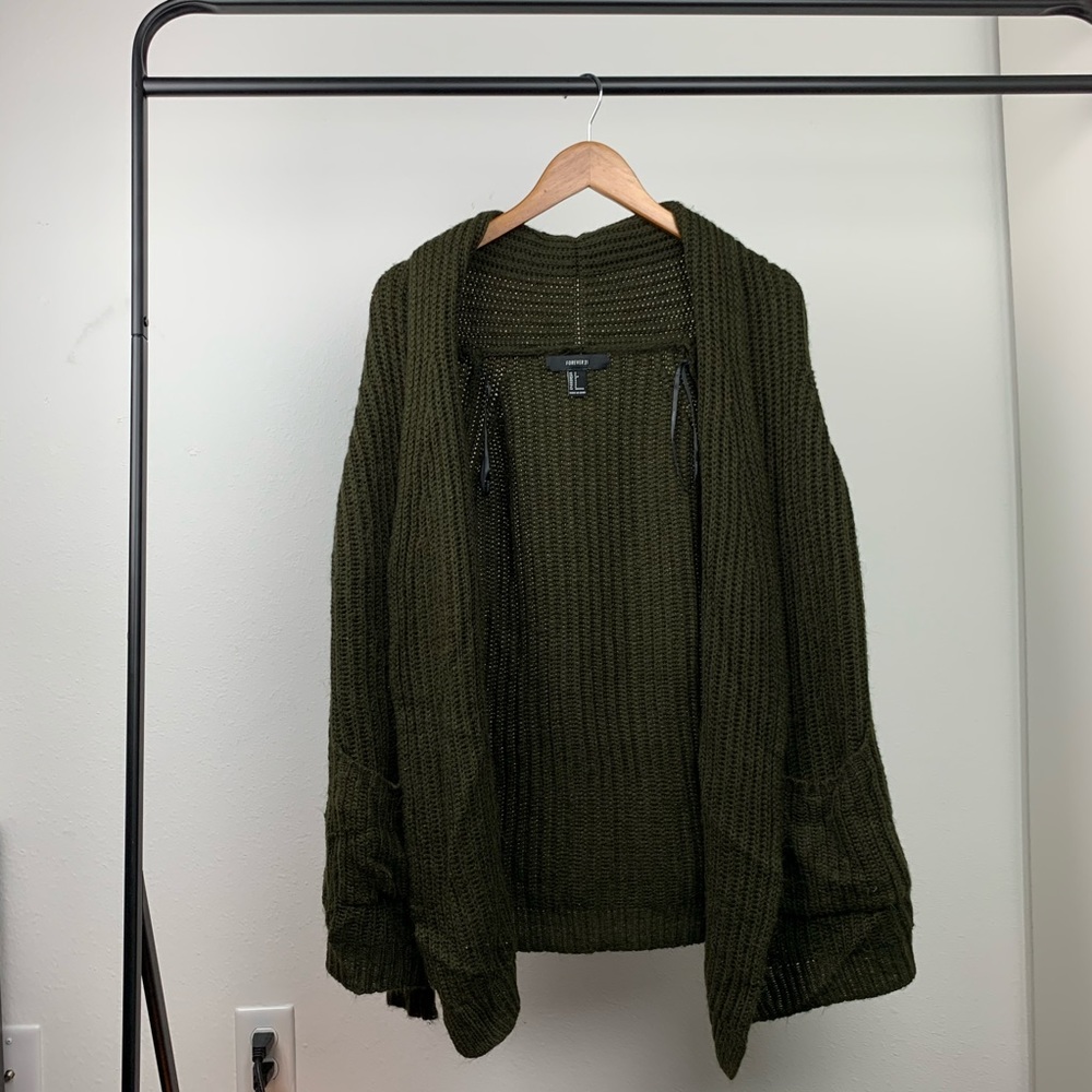 Forever 21 Open Front Long Cardigan Green Small - Picture 2 of 7